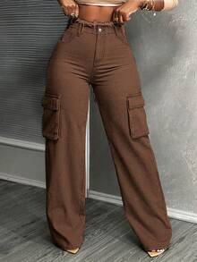 Slaydiva Plus Size Women's Solid Color Washed Denim Cargo Pants, Spring/Summer - Coffee Brown - View 4