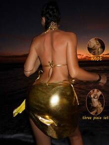 Swim SXY 3pcs/Set Women's Sexy Gold PU Leather Bikini + Gold Beaded 3D Floral Decor + Matching Twist Waist Mini Skirt, Spring/Summer