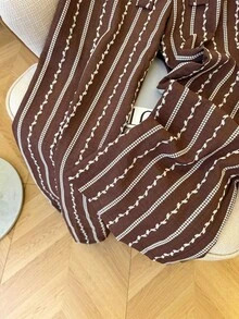 Franclia Da Primavera ao Verão, Férias Elegantes: Calça Pantalona Vintage Impressa em Marrom com Cinto, Calça de Cintura Alta Modeladora para Mulheres, Novo Estilo de Verão. - Multicolorido - Visão 4