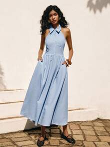 Poéselle Women's Casual Blue Sleeveless Shirt Collar Long Dress With Pockets Flared Hem Woven Fabric - Blue - View 4