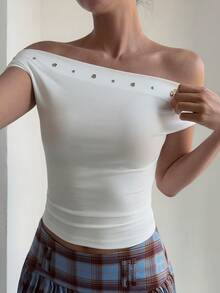 DAZY Women's Off-Shoulder Studded Trim Ribbed T-Shirt Y2k - White - View 3