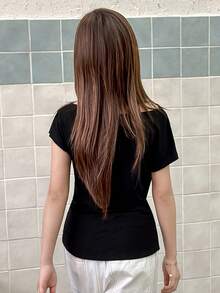 DAZY Tween Girls' Casual Everyday Commute Minimalist Solid Color V-Neck Fitted T-Shirt, Summer - Black - View 5