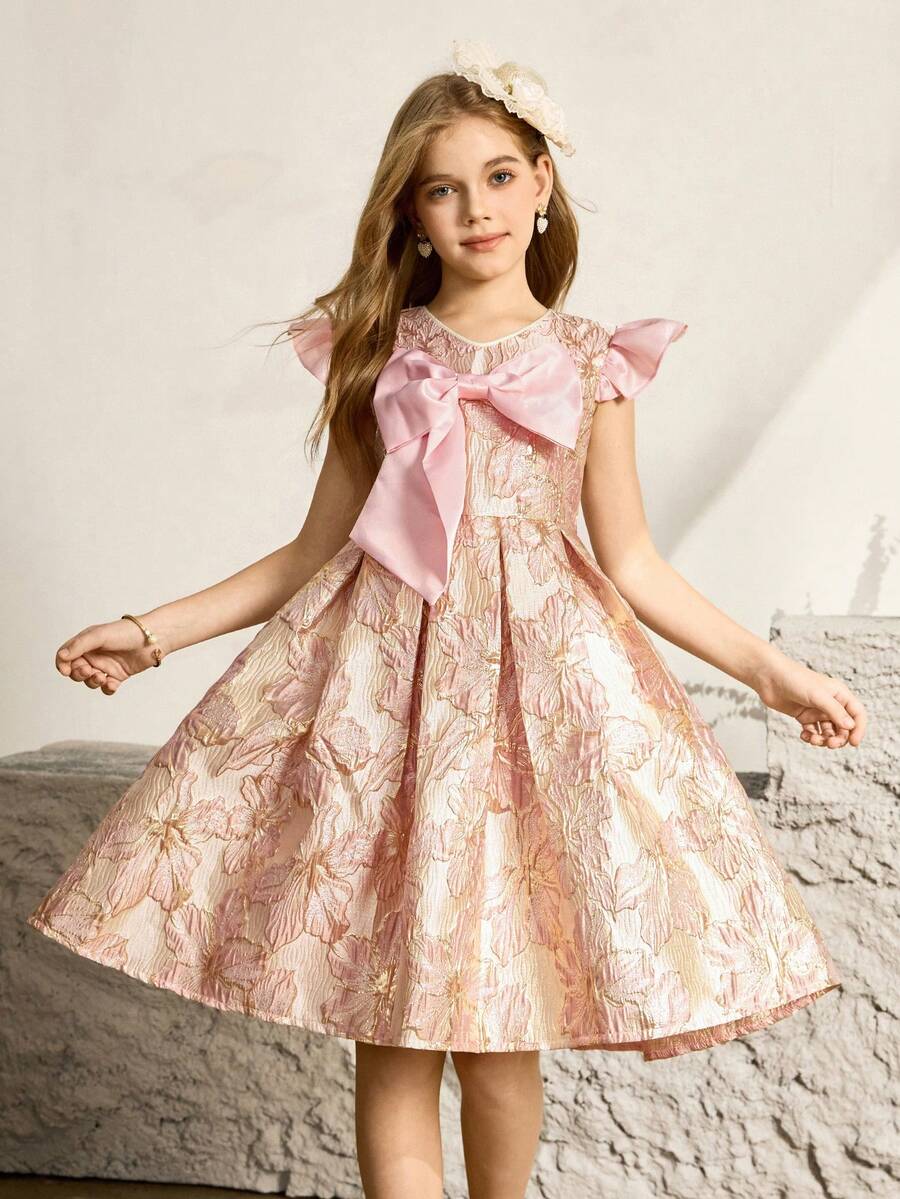 Đầm dạ hội màu hồng nhạt cổ chữ V thắt nơ phía trước, dài ngang gối, thích hợp cho tiệc tối, đám cưới, sinh nhật, biểu diễn, du lịch và các dịp khác. - Hồng - Xem 1