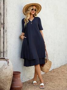 EMERY ROSE Women's Casual V-Neck Loose Short Sleeve Dress, Summer Vacation Summer Dress Summer Outfits Going Out Outfits Plain Summer Dresses For Women Casual Dress For Women Blue Dress Holiday Outfits Casual Dresses For Women Blue Dresses For Women Summer Dress Going Out Outfits Teacher Outfits For Women Country Outfits For Women Women Vacation Dress Navy Blue Dress Women Short Sleeve Summer Dress - Navy Blue - View 5
