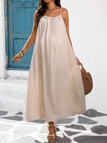 SHEIN Robe de maternité ample plissée de couleur unie avec bretelles - Nude - Voir 4