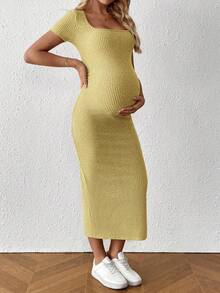 SHEIN Maternity Casual Solid Color Side Slit Fitted Dress, Summer - Yellow - View 5