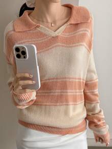 DAZY Striped Collared Cropped Loose V-Neck Sweater For Women - Coral Orange - View 4