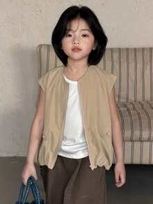 DAZY Girls Solid Color Sleeveless Jacket, Young Girl Fall Clothes - Khaki - View 1