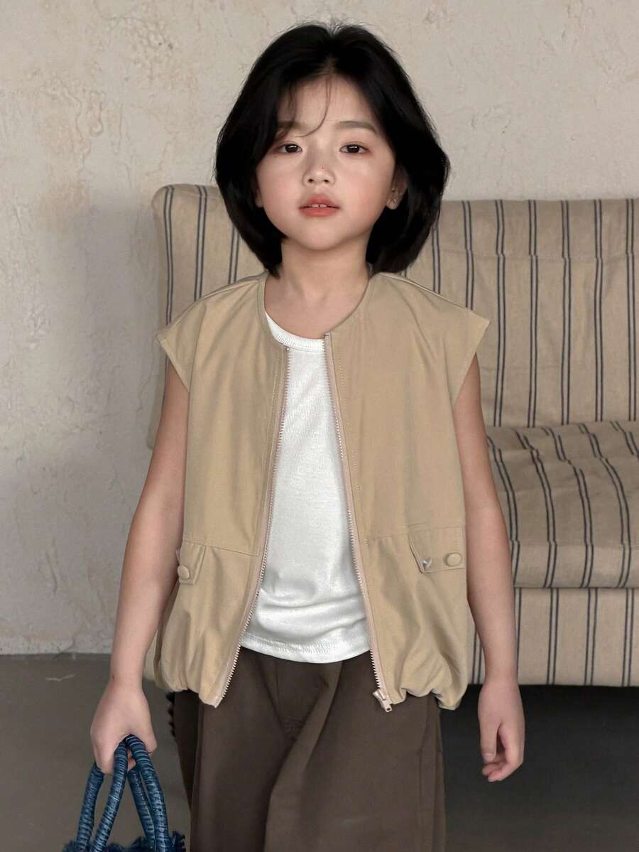 DAZY Girls Solid Color Sleeveless Jacket, Young Girl Fall Clothes - Khaki - View 1