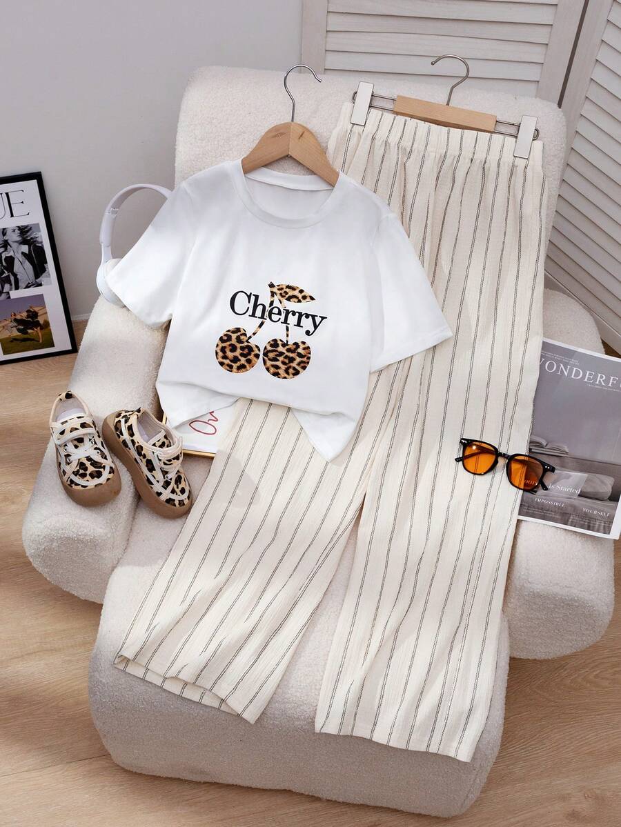 Tween Girl Leopard Print & Cherry Graphic Crew Neck Short Sleeve Casual T-Shirt Set, Summer