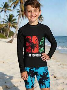 SHEIN 男童椰子树夜光图案两件套泳衣，适合春夏季节海滩度假