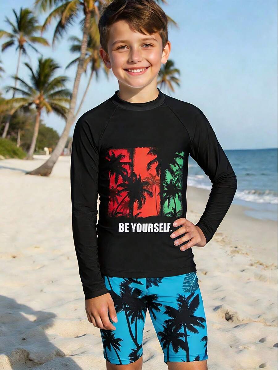 SHEIN 男童椰子树夜光图案两件套泳衣，适合春夏季节海滩度假