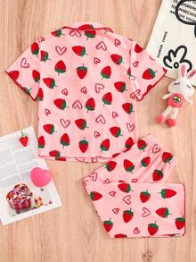 SHEIN 2 piezas Conjunto de pijama casual de niña joven con patrón de corazón de fresa tejido, top y pantalones largos - Rosa Pálido - Ver 2