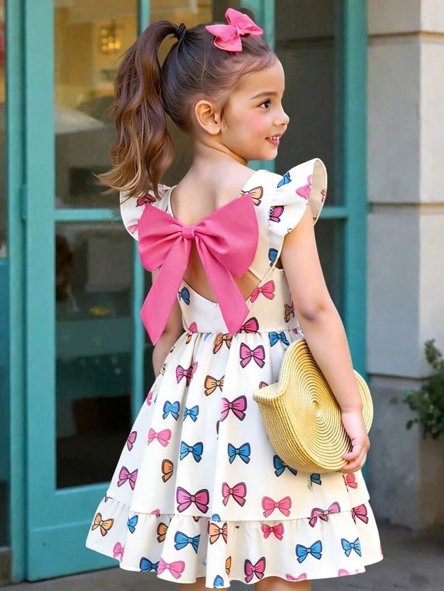 SHEIN Girls Elegant White Summer Fairy Birthday Dress,Floral Print Round Neck Flutter Sleeve Hollow Back Bow Decor Waist Ruffle Hem Casual Fashionable - Pink - View 1