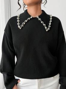 SHEIN PETITE CURVE 女士秋冬新款单件 Polo 领铆钉闪亮时尚修身常规套头长袖上衣，适合日常通勤穿着