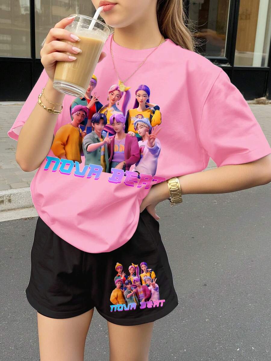 2件套多巴胺色系,K-POP卡通少女,返校季,复古甜美少女休闲宽松圆领短袖T恤短裤套装,适合春夏穿着,休闲校园运动风,户外野餐,街头摄影,居家休闲。 - 彩色 - 查看 1