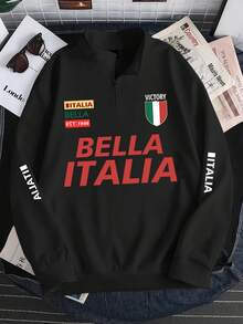 Manfinity Campus Court Áo nỉ nam kiểu dáng thường ngày, in họa tiết, có khóa kéo nửa thân. - màu đen - Xem 2