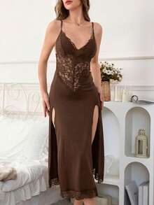Slumberist Women's Sexy Lace Patchwork Side High Slit Nightgown Lace Nightgown Sexy Night Dress Long Night Dress Long Lingerie Dress Spaghetti Strap Nightgown