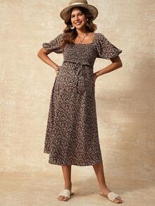 Boho Mama Maternity Clothes Maternity Dress Bohemian Vacation Summer Black Floral Square Neck Puff Sleeve Drawstring Waist Nursing Dress - Multicolor - View 8