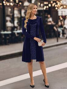 EMERY ROSE Đầm thời trang nữ tay dài cổ khoét sâu, đính sequin, phối nhiều lớp - Màu xanh hải quân - Xem 8