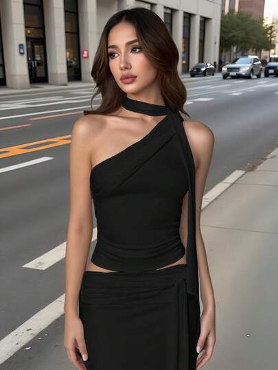 SHEIN EZwear Y3k 女士夏季优雅黑色褶皱单肩上衣