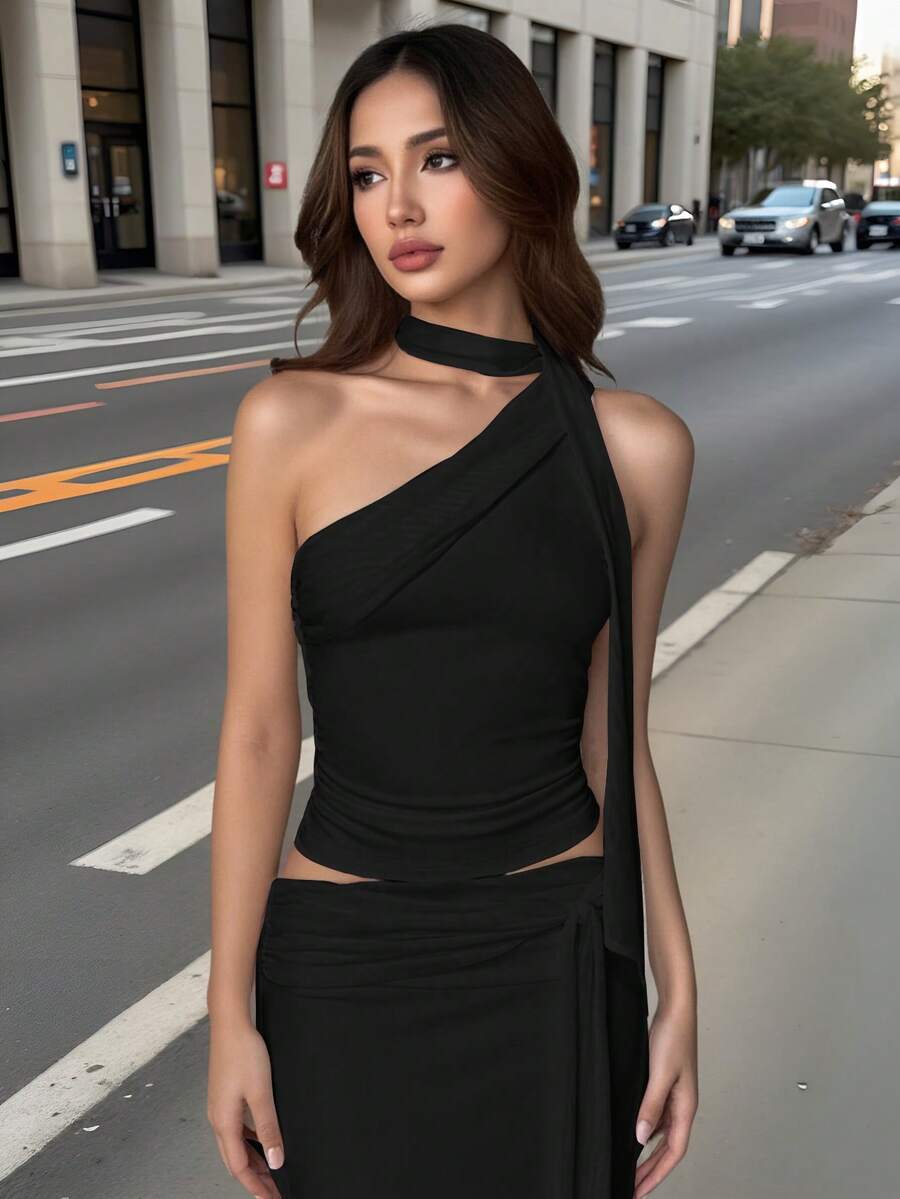 SHEIN EZwear Y3k 女士夏季优雅黑色褶皱单肩上衣 - 黑色 - 查看 1