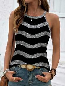 EMERY ROSE 女士休闲黑白条纹印花圆领吊带上衣，适合日常休闲穿着和度假装扮 - 彩色 - 查看 1