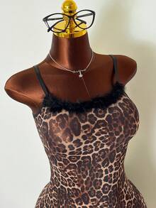 2 Stück Set Damen Leoparden-Muster Trägerkleid mit Fellbesatz - Verschiedenfarbig - Übersicht 5