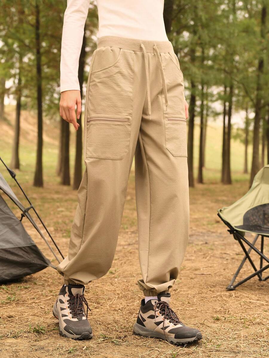 SHEIN In My Nature 女士休闲抽绳腰带慢跑裤 - 卡其色 - 查看 1