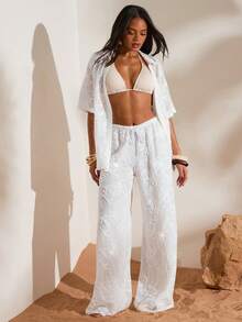 Opulessa 春夏情人节生日海滩度假女士纯色针织宽松短袖衬衫，春夏款，春夏过渡季，情人节，嘉年华服装，海滩，夏季度假，休闲衬衫 - 白色 - 查看 5