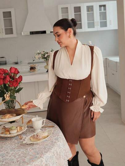 SHEIN MOD Plusstorlek brun elegant kort kjol, lämplig för vår-/sommarskola, kontor och pendlingskläder