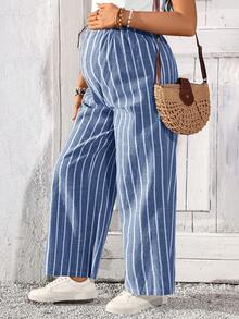 SHEIN 孕妇休闲条纹印花口袋裤 - 淺藍色 - 查看 1