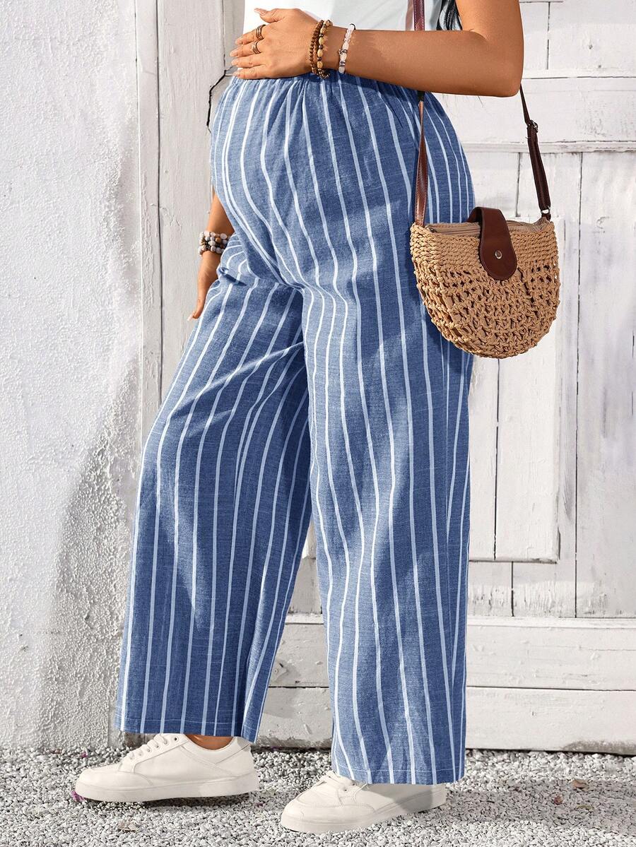 SHEIN 孕妇休闲条纹印花口袋裤 - 淺藍色 - 查看 1