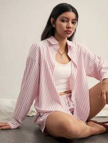 Easelle 2pcs Loose Drop Shoulder Long Sleeve Front Button Pink Striped Woven Women Set Summer Valentine's Day Beach  Outfit For Women Vacation - Pink - View 5