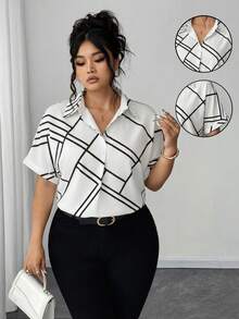 Elenzga Chemise décontractée à manches chauve-souris avec imprimé rayé bicolore pour grandes tailles. Blouses amples pour femmes de grande taille. Chemisier de travail pour grandes tailles. Chemisier à manches courtes pour grandes tailles. Chemise d'été pour grandes tailles. Hauts de travail pour femmes. Chemisier élégant décontracté pour femmes de grande taille. Hauts pour femmes de grande taille. Tenues décontracté chic pour femmes de grande taille - Blanc - Voir 2