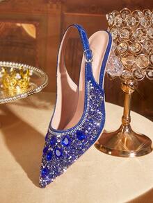 CUCCOO TILAWA 女士时尚优雅水晶不对称鞋跟闪亮水钻装饰尖头银色高跟鞋，适合宴会、派对和其他场合 - 深藍色 - 查看 6