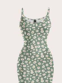 SHEIN EZwear Casual Minimalist Full-Length Bodycon Camisole Dress, Suitable For Summer With Daisy Print Fitted Summer Dress Green Summer Dress Wildflower Dress Carnival - Multicolor - View 8