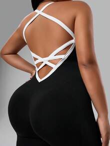 SHEIN Rhythm Era 大码女式黑色露背连体裤，适合跑步、瑜伽、健身、户外运动。