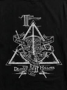HARRY POTTER X SHEIN Men's Casual Fitted Knit Deathly Hallows Print Short Sleeve T-Shirt - Black - View 4