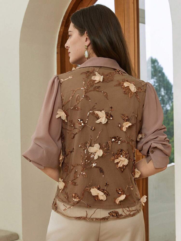 Women's Fashion Sequin 3D Floral Button Long Sleeve Shirt Carnival Business Casual Woman