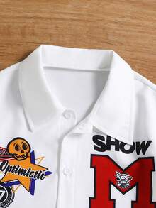 1件装男童夏季新款休闲短袖衬衫，美式街头风白色轻薄宽松骷髅字母印花，经典领型，日常休闲街头服饰，卡通时尚，夏季必备童装 - 白色 - 查看 7