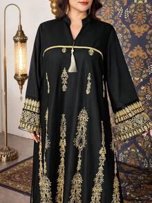 Al Najma Plus Size Women Elegant V-Neck Sequins Pendant Ribbon Beaded Loose Long Dress - Black - View 1