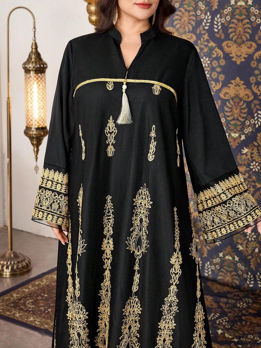 Al Najma Plus Size Women Elegant V-Neck Sequins Pendant Ribbon Beaded Loose Long Dress - Black - View 1