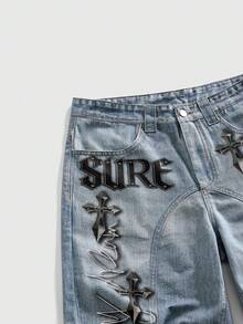 ROMWE MEN Men's Summer Casual Fashion Street Cross & Letter Digital Print Denim Shorts - Blue - View 6