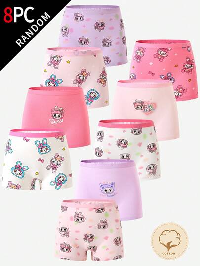 8pcs Girls Cute Rabbit Face Print Hipster Panties, Assorted Colors, Comfortable Cotton Underwear