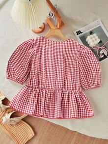 Girls' Red & White Plaid Minimalist Korean Style White 3D Bow Puff Sleeve Waist Shirt - Red and White - View 2