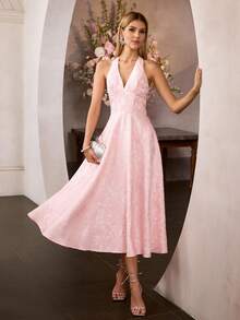 MOTF Soiréza WOMEN'S ELEGANT FORM-FITTING HALTER NECK SLEEVELESS LONG PARTY GOWN – WOVEN JACQUARD FABRIC WITH INTRICATE PATTERN, IDEAL FOR WEDDINGS, GALAS, FORMAL EVENINGS & HOLIDAY PARTIES - Pink - View 5