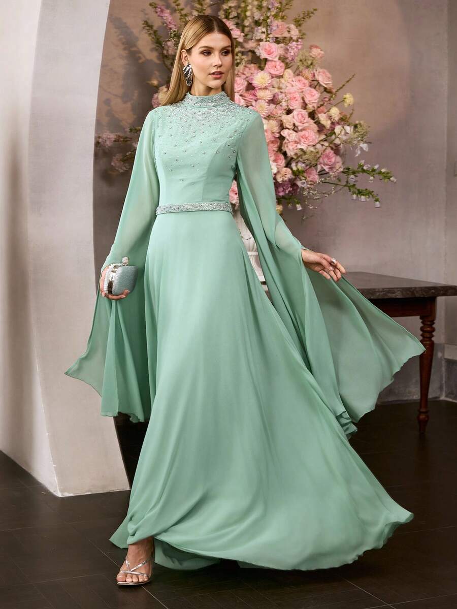 MOTF PREMIUM 女士高领及地晚礼服，饰有水钻，雪纺超长袖修身连衣裙，完美适用于正式场合