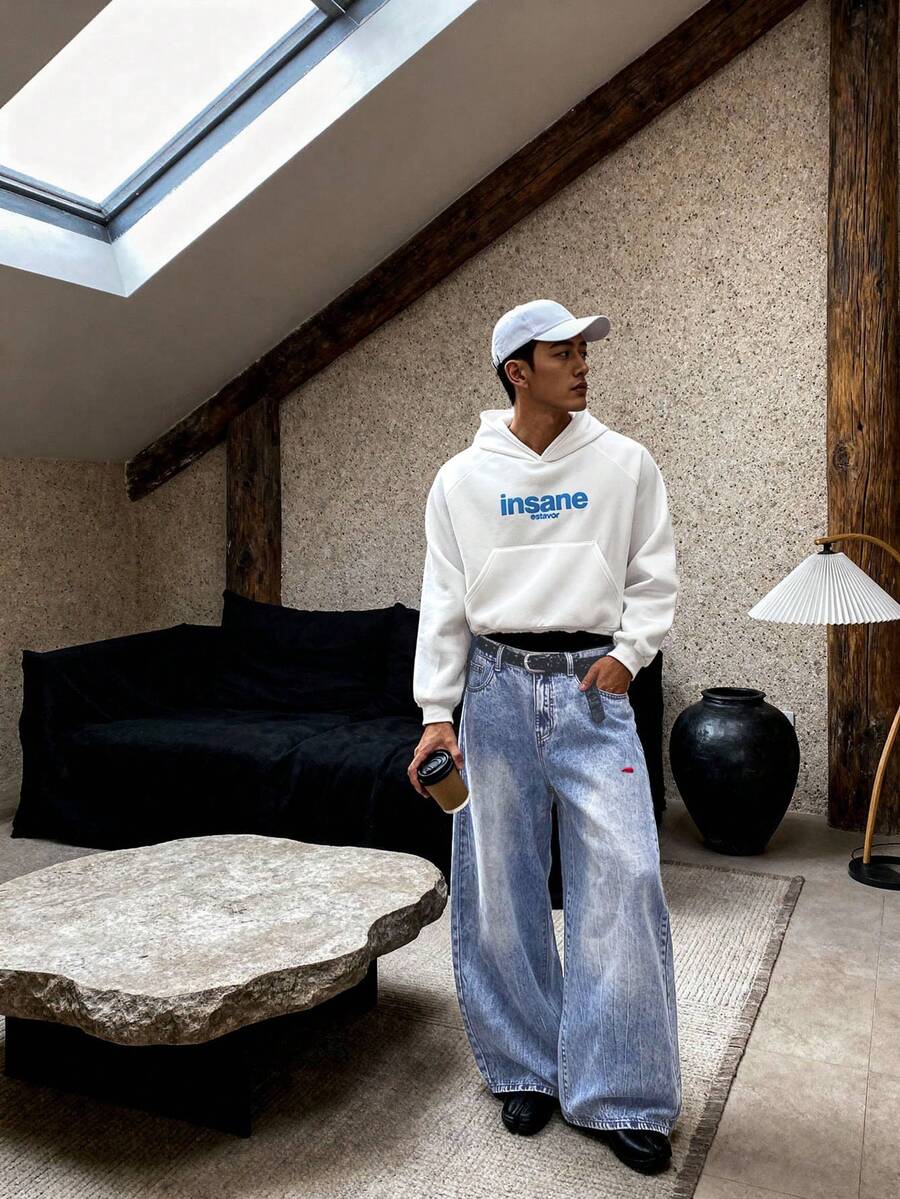 ESTAVOR 男士动物刺绣口袋宽松休闲喇叭牛仔裤 - 藍色 - 查看 1