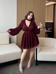 Flirla 大尺碼女款酒紅色秋季優雅法式雪紡V領復古A字洋裝，附圍巾領，長袖學院風，派對穿搭 - 酒紅色 - 查看 7